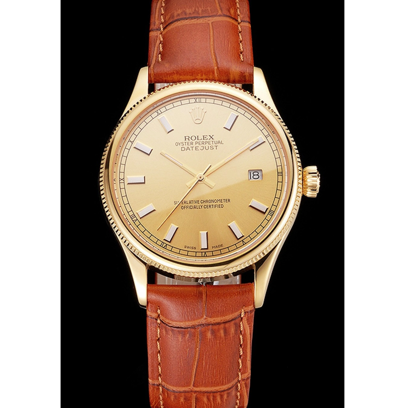 Aaa replica watch Gold Swiss Case Light Gold Leather Datejust Rolex Brown Dial Strap 0818
